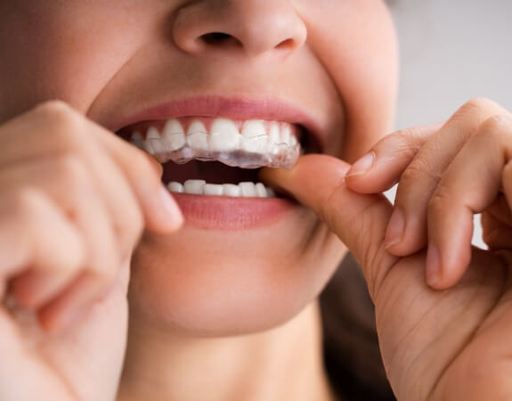 Dental patient placing nightguard for bruxism